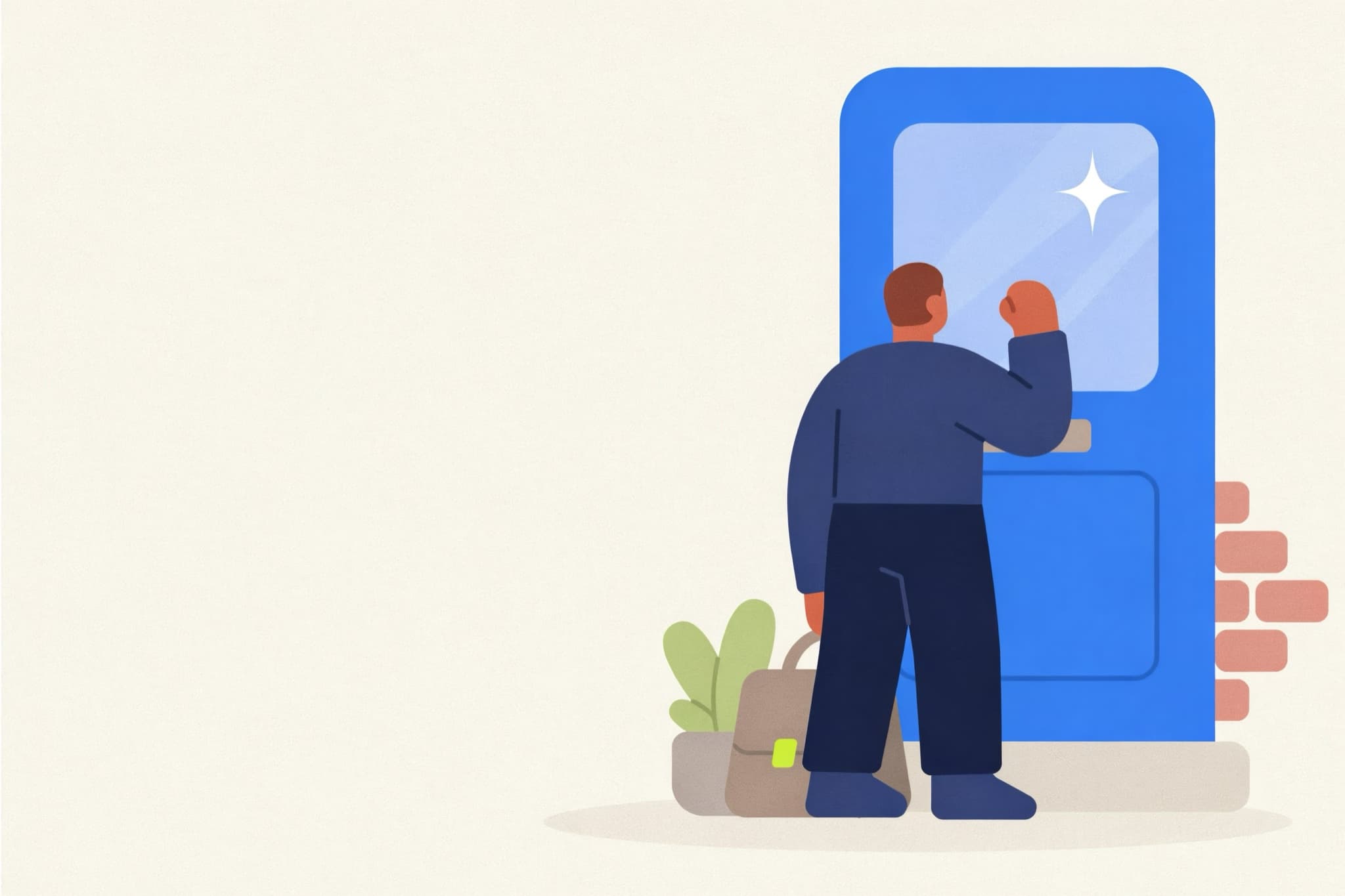 Illustration of an independent cleaner arriving at the blue front door of a terraced house