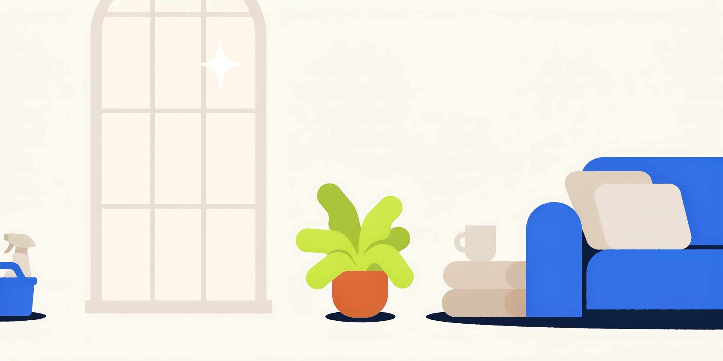 Illustration of a freshly cleaned living room with a sparkle in the window